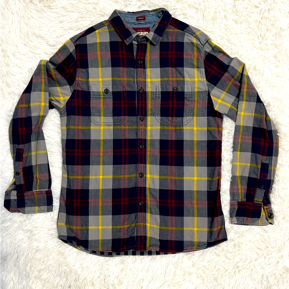 Alesbury Men’s Plaid Button Front Shirt Medium Gray Red Yellow Cotton Flannel